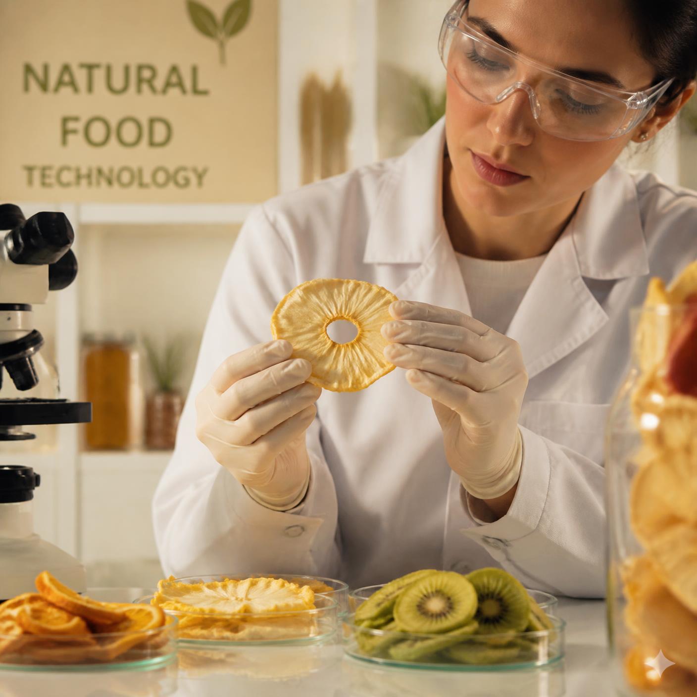 Food technologist examining dried fruit slices